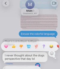 a screenshot of a conversation between a mom and a dog